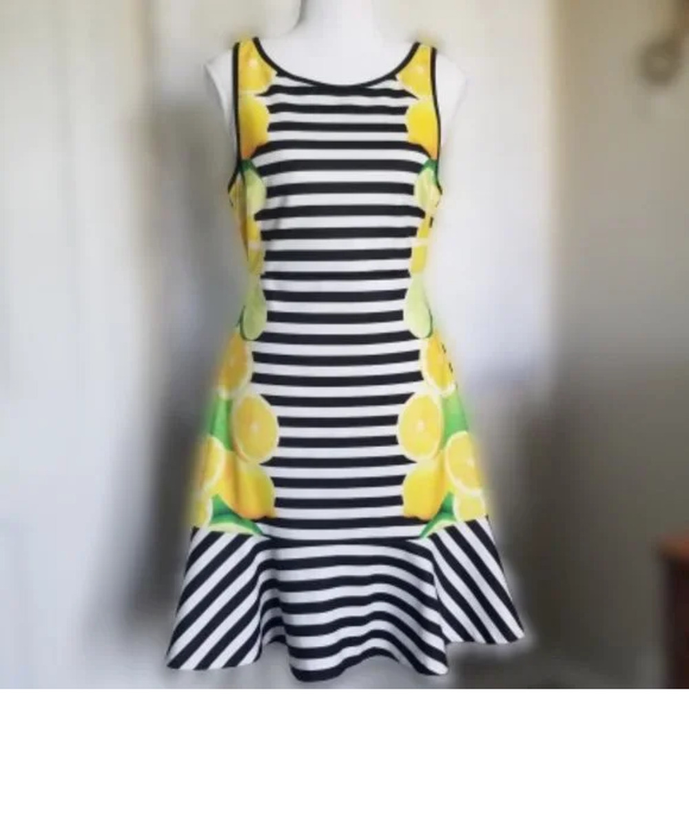 Elle Lemon Print Striped Dress - Size 2